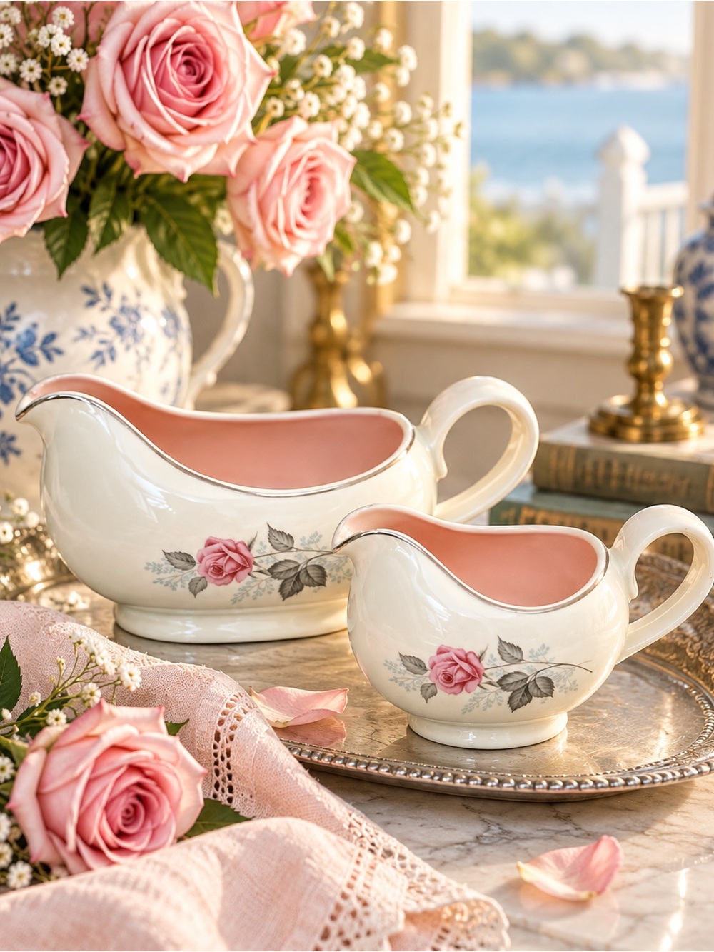 Vintage Pink Rose Gravy Boat & Creamer Set | Blush Pink Interior Porcelain